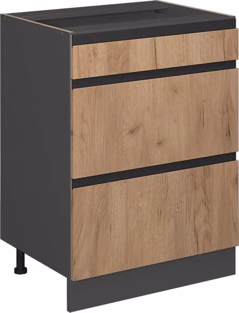 Mobiletto base per cucina Vicco R-Line Rovere dorato e Antracite con cassetti e forma a J, larghezza: 60 cm – 1