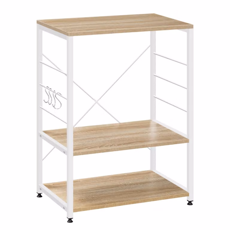 WOLTU Scaffale da cucina, scaffale da terra, supporto per microonde, scaffale da fornaio, scaffale in metallo, legno e acciaio, con 3 ripiani, ca. 60 x 40 x 82 cm, bianco + rovere chiaro