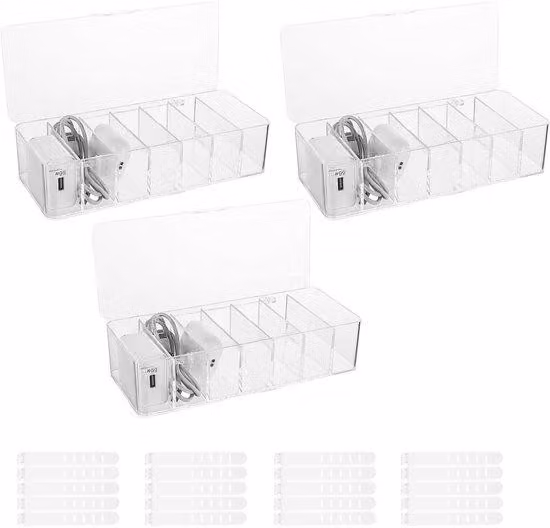 Set di scatole trasparenti per l'organizzazione dei cavi Ibenzoa® – 3 scatole in ABS/PP, 7 scomparti, 20 fascette per cavi, dimensioni 22,7 x 9,4 x 5,7 cm, ideali per l'organizzazione di cavi in casa e in ufficio