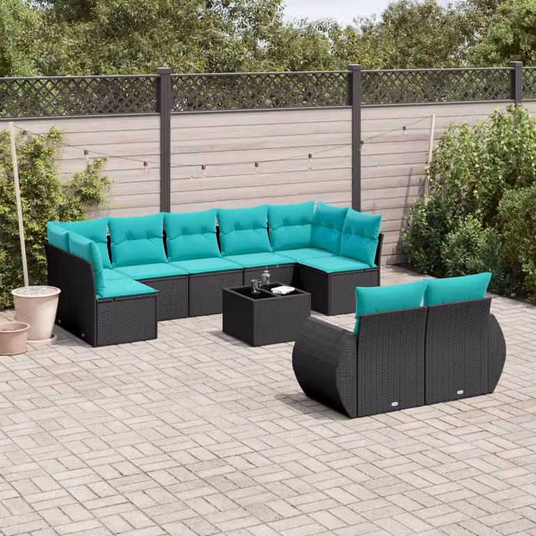 Set di divani da giardino vidaXL in polyrattan nero con 10 pezzi e cuscini