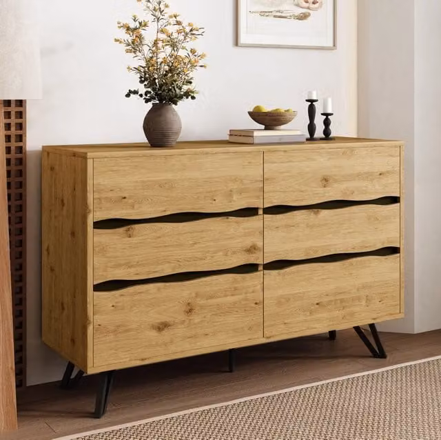 Credenza moderna con 6 cassetti effetto legno e piedini in metallo; 120 x 40 x 75;5 cm