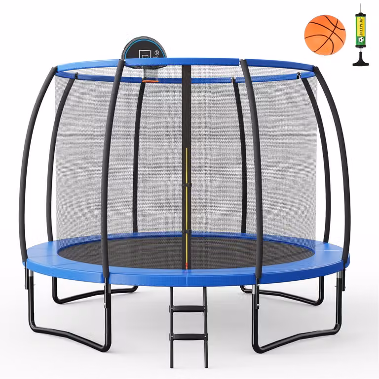 Trampolino elastico Costway con anello da basket, rete di sicurezza e scaletta a 2 gradini, Diametro: 305 cm