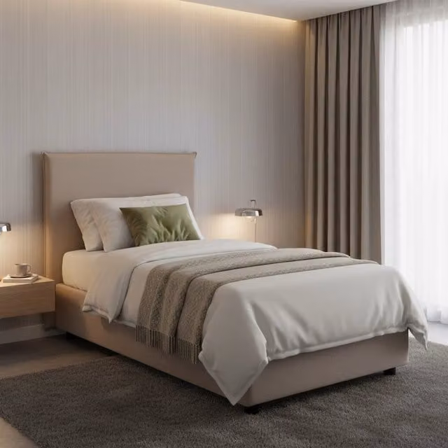 Letto singolo contenitore Acuila Talamo Italia con rivestimento in tessuto beige, apertura laterale, adatto per materasso 80x190 cm – 1