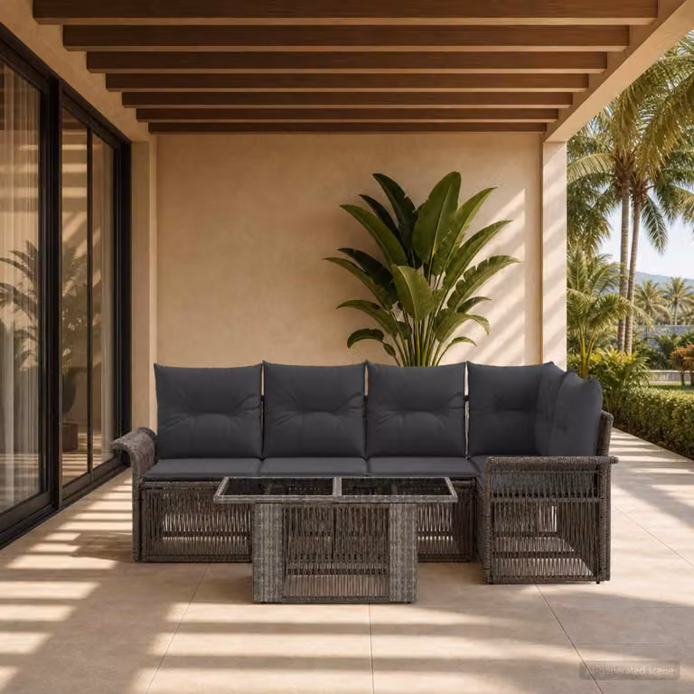 Set Divano da Giardino vidaXL 5 Pezzi a Forma di L Grigio con Tavolino da Caffè e Cuscini Imbottiti in Polyrattan e Metallo