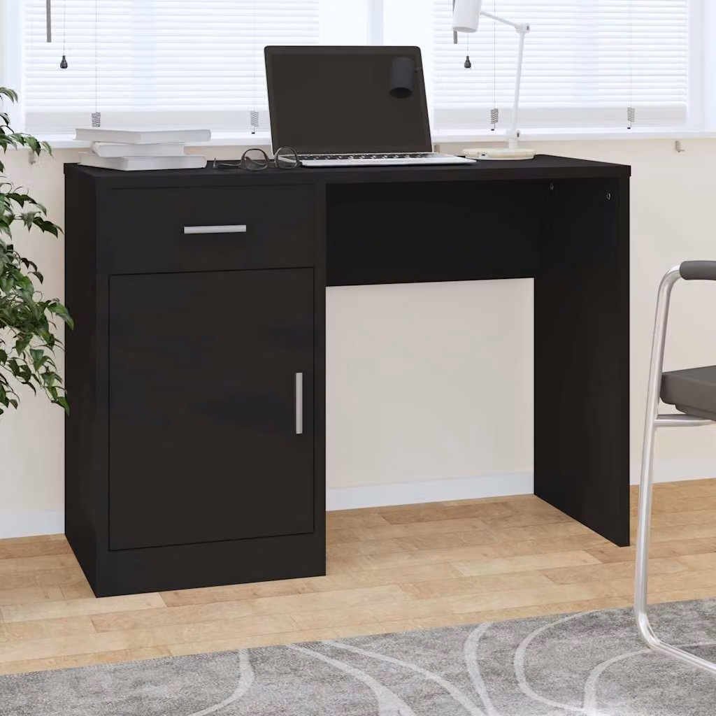 Scrivania da ufficio moderna vidaXL in legno e metallo con cassetto, colore nero, L 100 cm x P 40 cm x H 73 cm