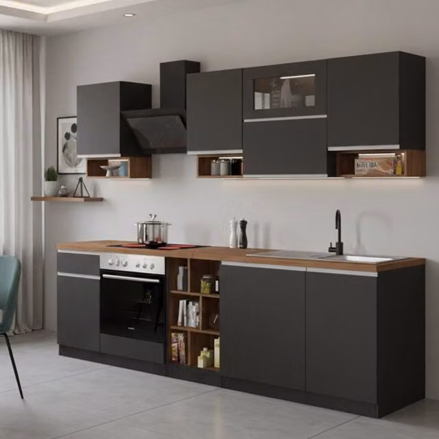Cucinino Attiko DMORA in legno di rovere, colore grigio antracite, con ante a battente e ripiano aperto, L: 85 cm, P: 60 cm, H: 255 cm – 1