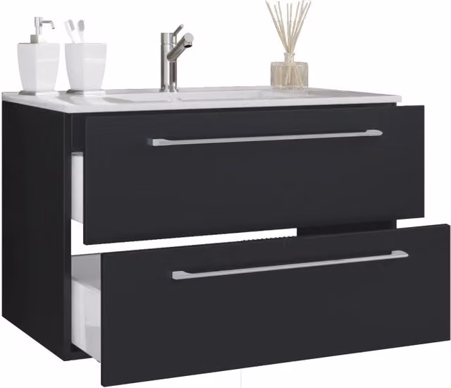 Completo di Ezooza Set Bagno 2 Pezzi Mobile Large con 2 cassetti e Lavabo sospesi , Nero ,
