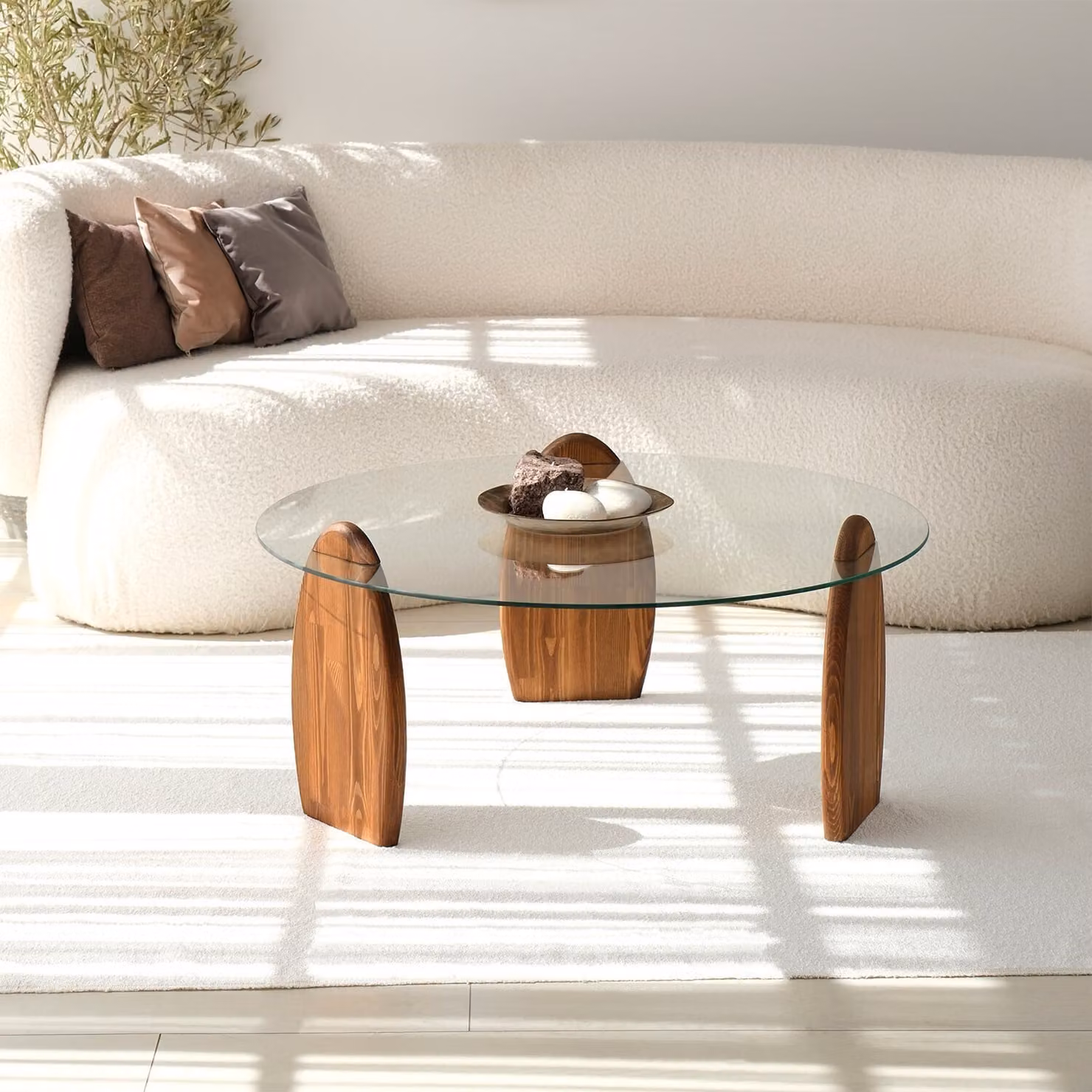 Skye Decor, Surf - Chesnut, trasparente, tavolino, castagno, vetro temperato al 100%, 90 x 90 x 41 cm