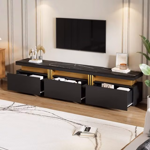 Mobile TV moderno con finitura marmo, 200x40x42 cm, per TV fino a 90 pollici, 3 cassetti e gestione cavi