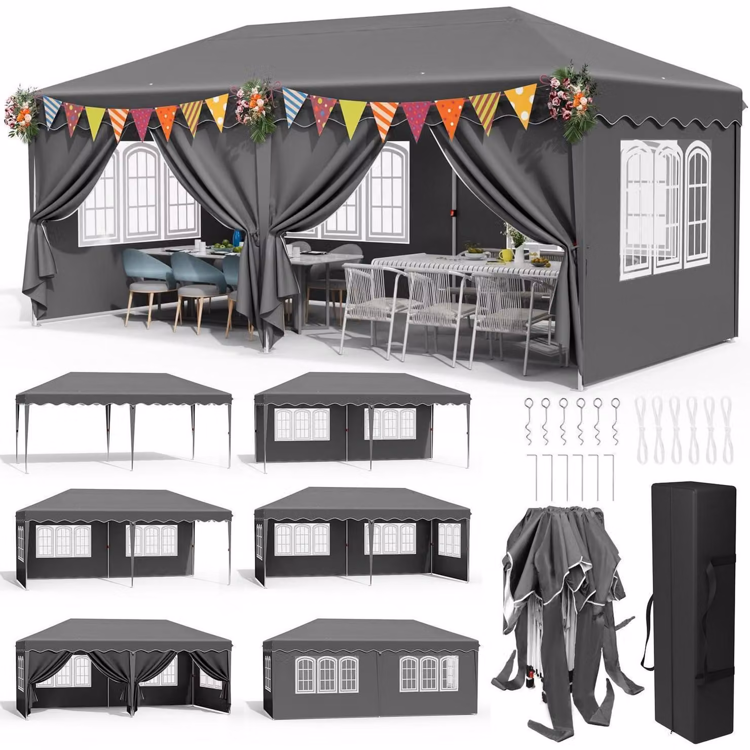 Gazebo da esterno 3x6 metri, colore grigio, impermeabile, con protezione UV 50+, realizzato in tessuto Oxford 420D, dotato di 6 pannelli laterali e con altezza regolabile