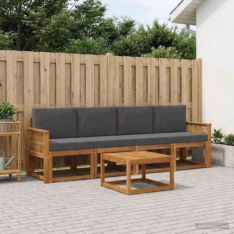 Set di divani da esterno vidaXL composto da 5 pezzi con tavolino da caffè, struttura in legno di acacia e cuscini in poliestere beige e antracite