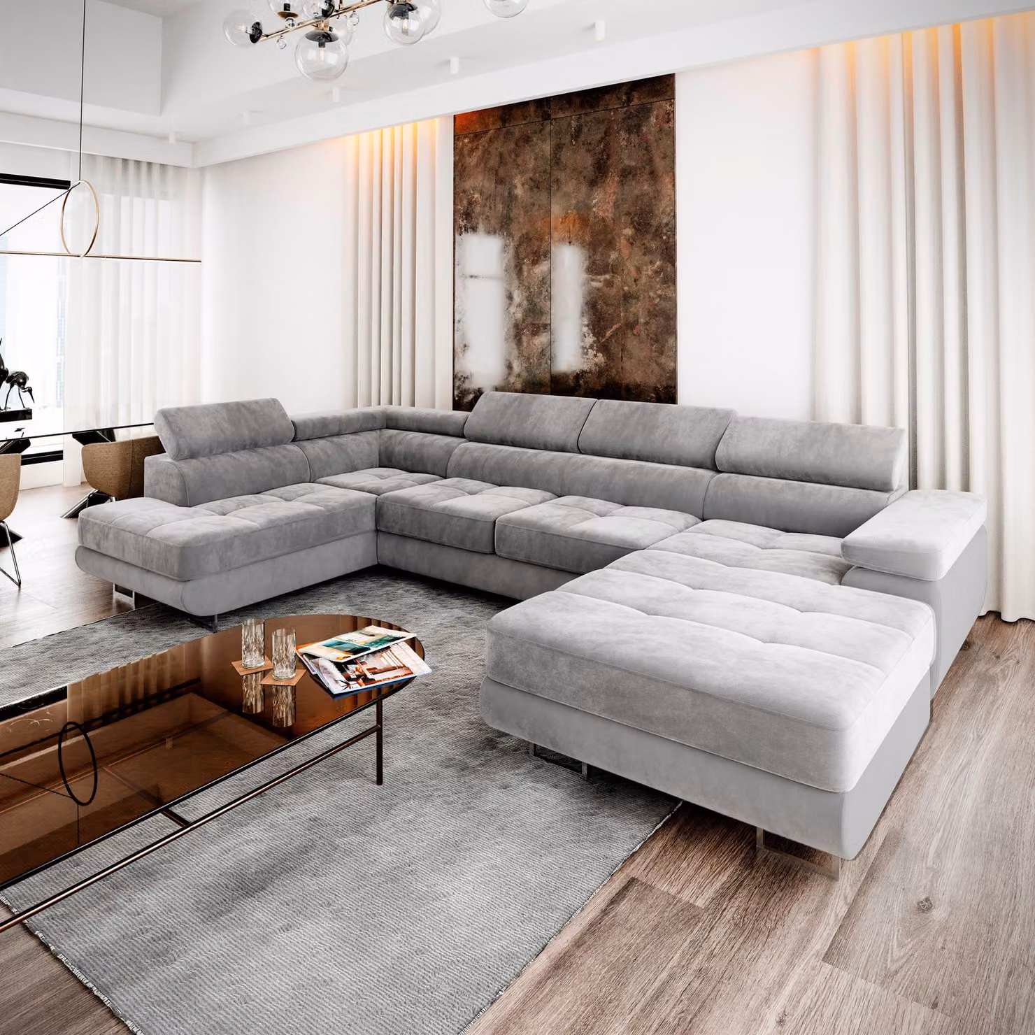 Divano angolare Masseno CASONE L-S con funzione letto a U, divano con box letto, divano da soggiorno, divano, divano letto, set di divani - grigio chiaro, MONOLITH 84