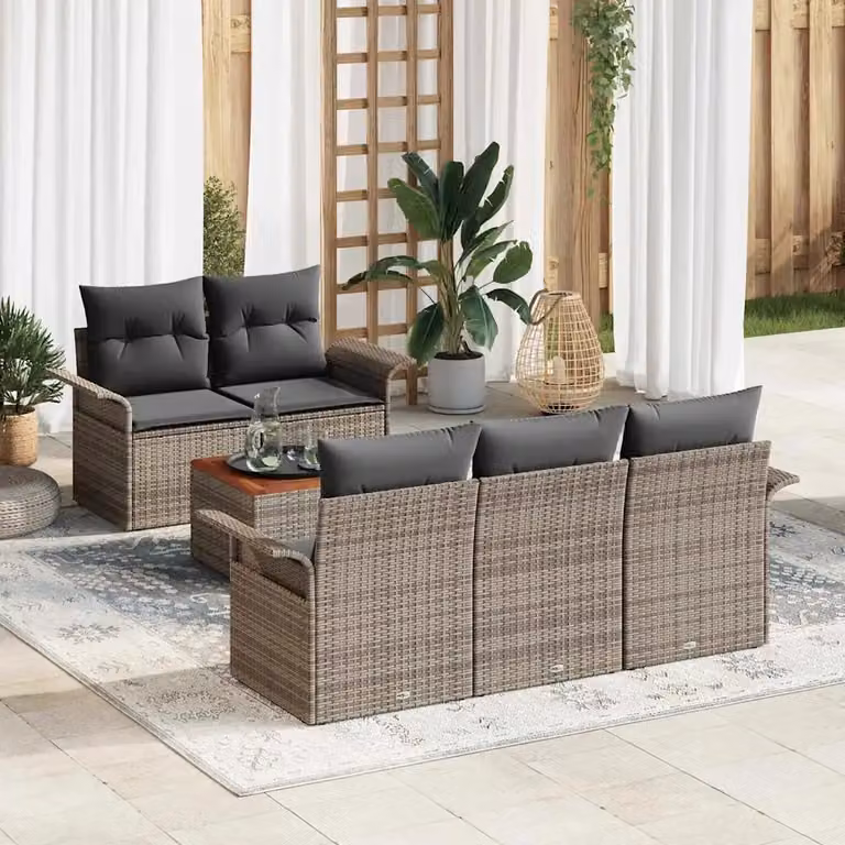 Set Divano da Giardino vidaXL a Forma di L in Polyrattan Grigio con Cuscini e Tavolino da 6 Pezzi