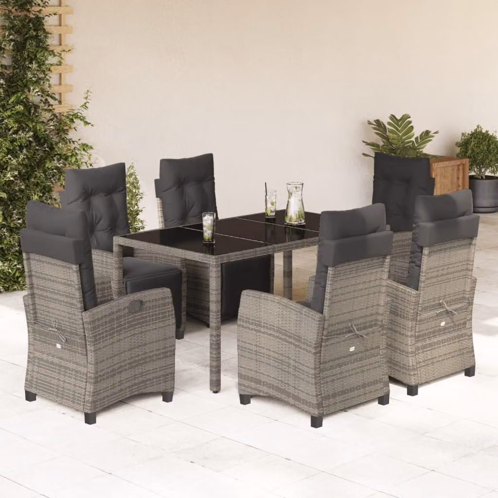 Set da pranzo da giardino vidaXL in polyrattan grigio con cuscini e tavolo in vetro, 7 pezzi