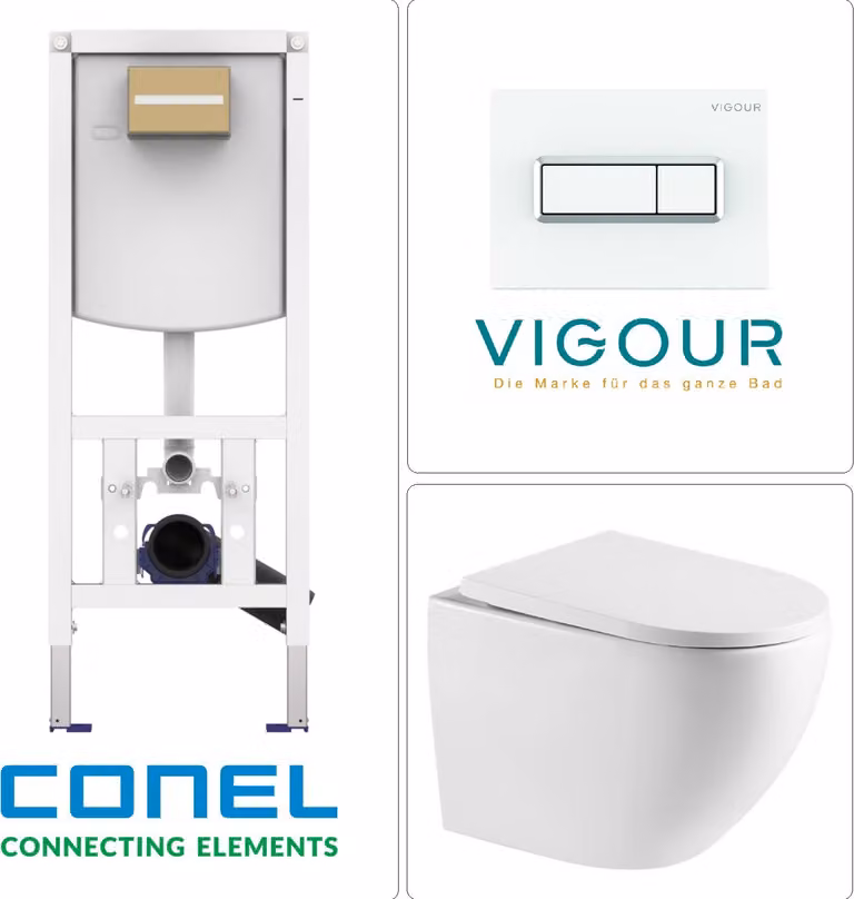 WC sospeso con risciacquo Tornado, sedile WC SoftClose ed elemento a parete CONEL WC con piastra di risciacquo VIGOUR TEES, bianco/cromo