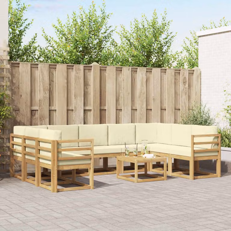 Set di divani da esterno a forma di U vidaXL in legno di acacia con cuscini, bianco, beige e marrone
