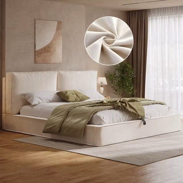 Letto imbottito letto matrimoniale 180 x 200cm letto idraulico funzionale letto con telaio a listelle testiera testiera imbottita beige velluto