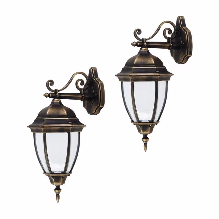 2 lampade da parete per esterni, grado di protezione IP44, attacco E27, massimo 60W, finitura anticata dorata, modello Toronto, marca Rabalux