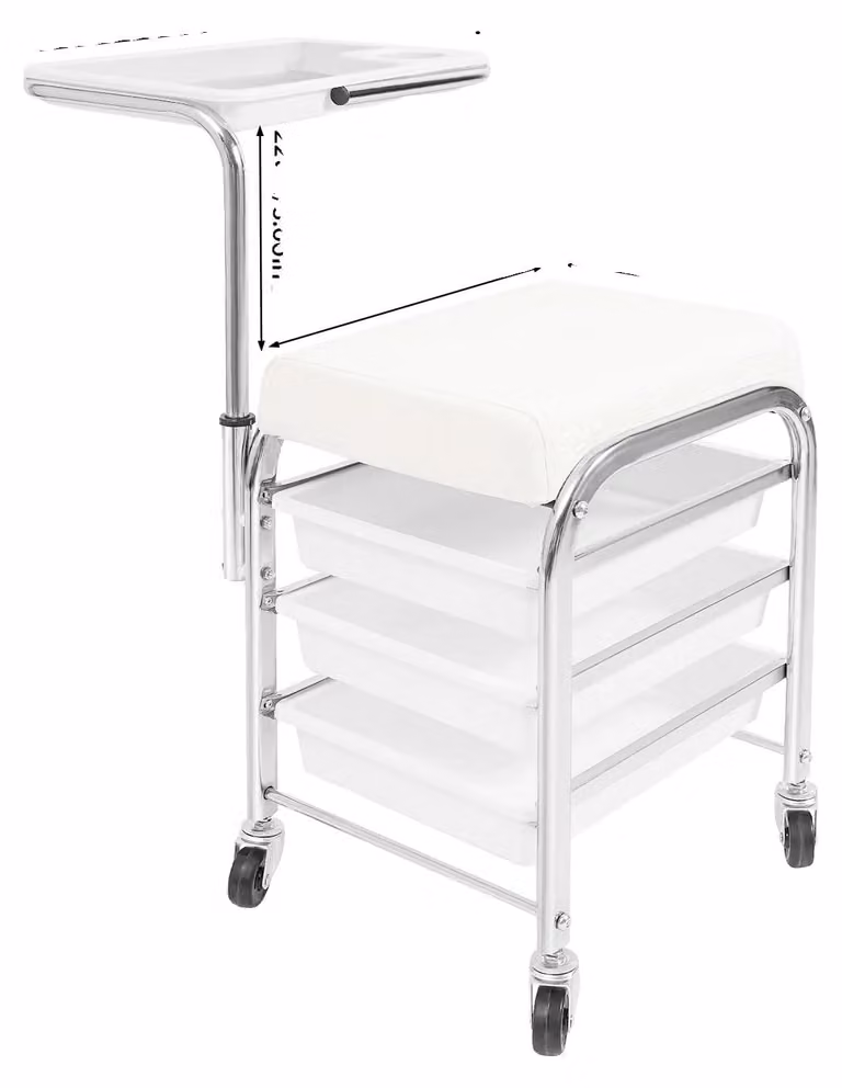 Carrello per manicure, con tre ripiani, piano di appoggio regolabile in altezza, colore bianco
