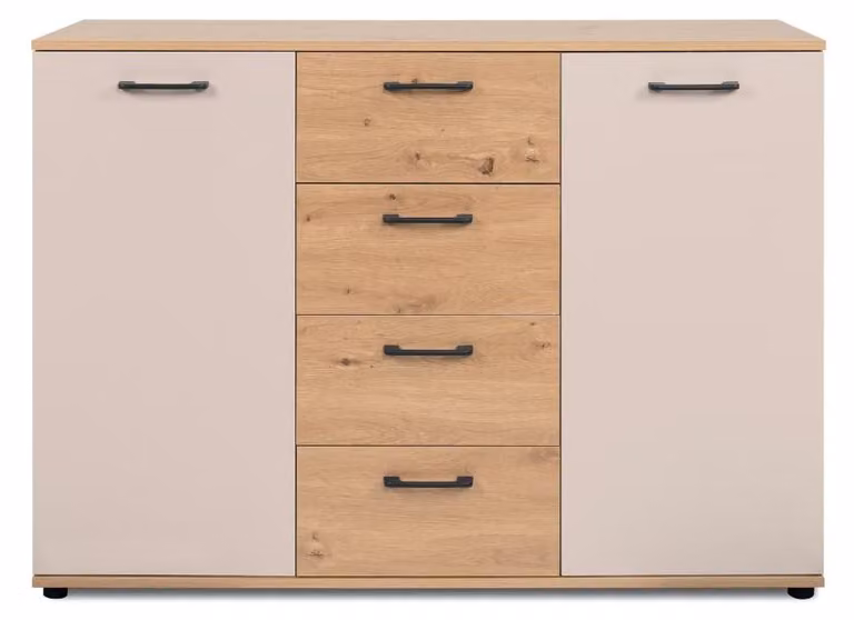Calicosy - Credenza 2 ante, 4 cassetti effetto rovere e cachemire L 120 cm - LINO