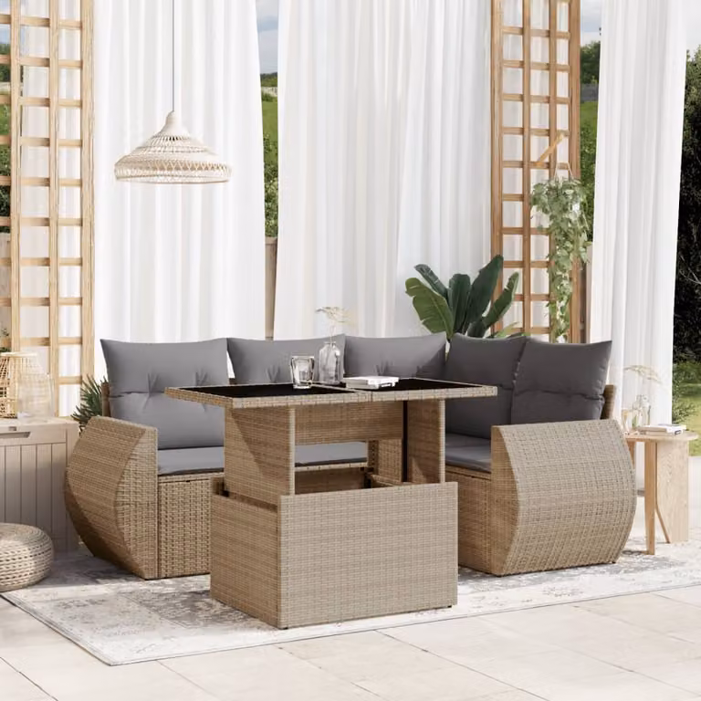 Set Divano da Giardino a L vidaXL 5 pz con Cuscini Beige e Tavolino in Polyrattan e Acciaio
