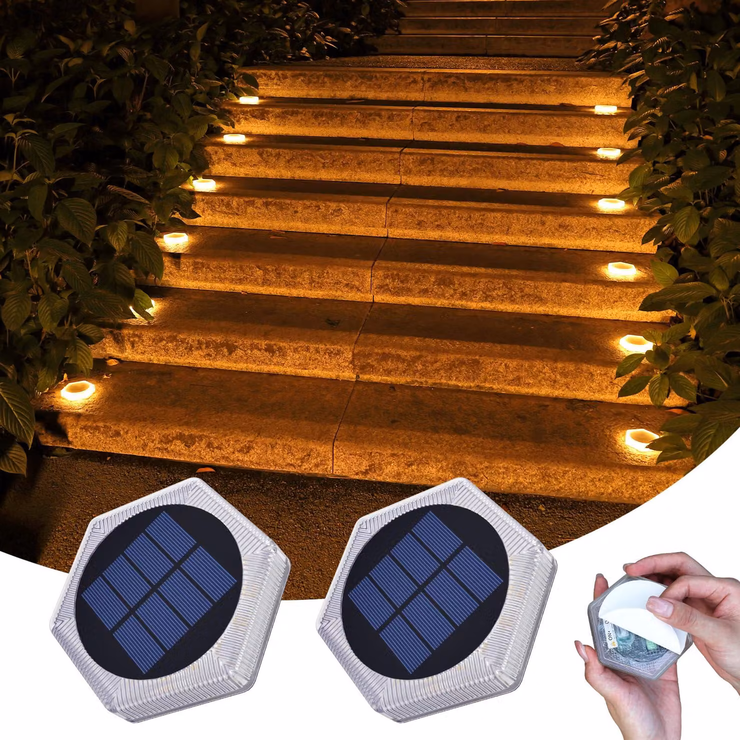 Lampade solari per gradini, confezione da 2, LED a 360°, grado di protezione IP68, luce bianco caldo 2700K
