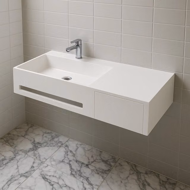Lavabo in artificial stone bianco opaco matt modello alex sospeso con porta salviette *** confezione 1
