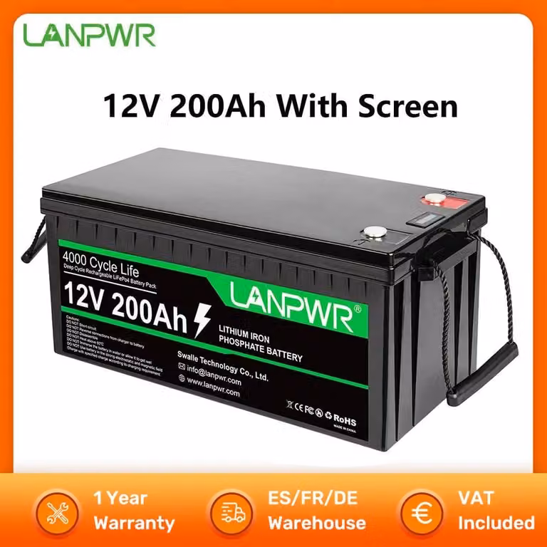 Batteria LiFePO4 – Batteria al litio – 12V 200Ah – BMS (sistema di gestione della batteria) integrato da 100A – Capacità di accumulo energetico di 2560Wh