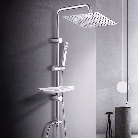 Uniqoos® Sistema di doccia a soffitto 30x30 cm – Bocchetta doccia a soffitto in acciaio inossidabile XXL, barra doccia cromata da 92 cm, doccetta manuale e ripiano, senza miscelatore, compatibile con scaldabagni istantanei