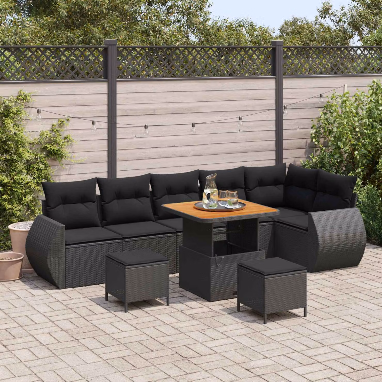 Set Divano da Giardino vidaXL 9 Pezzi in Polyrattan Nero con Cuscini e Tavolino – 1