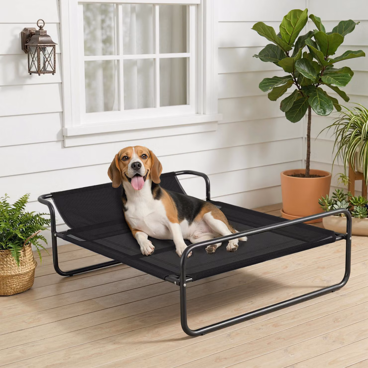PawHut Lettino per Cani Rialzato con Poggiatesta Interno ed Esterno, L: 106 cm, P: 81 cm, H: 33 cm, Nero – 2