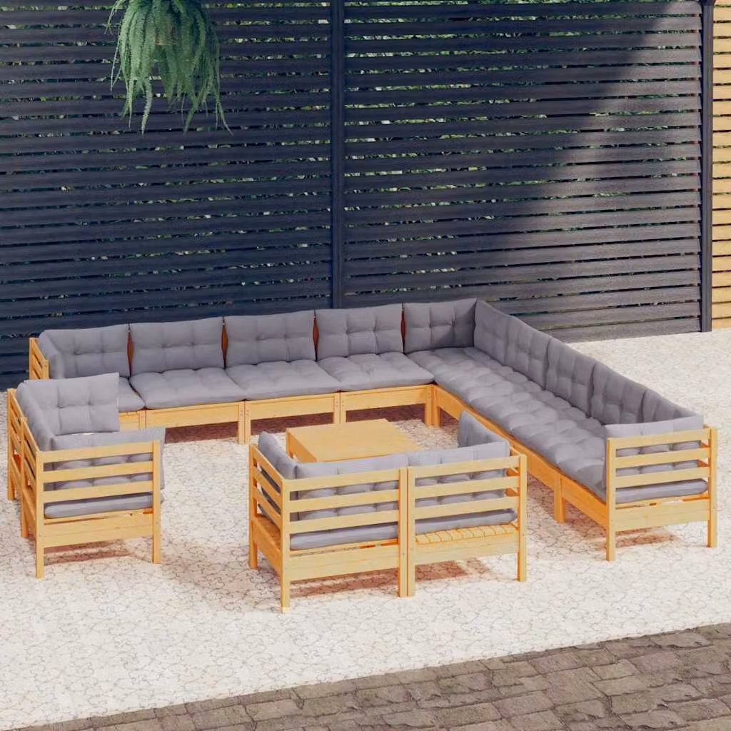 Set di divani da giardino vidaXL 14 pz in legno massello di pino con cuscini grigi a forma di L