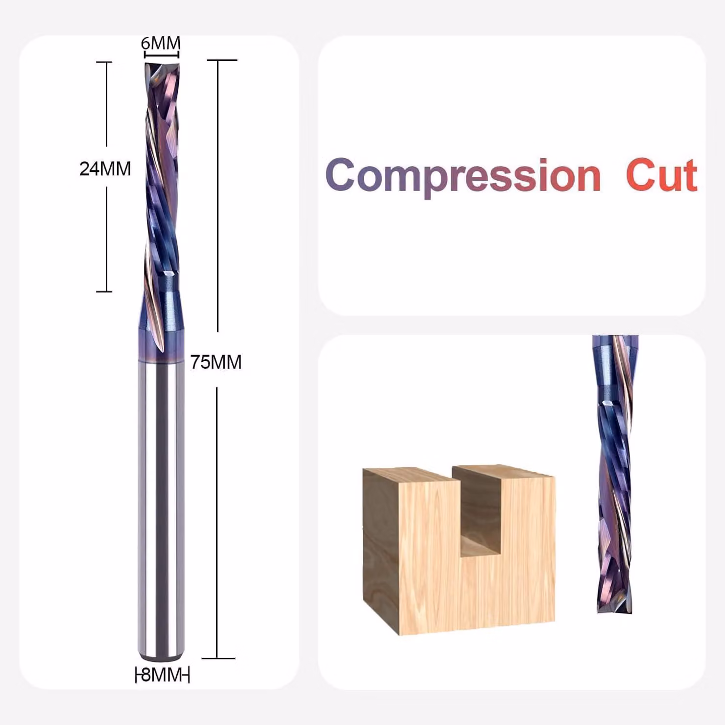 Fresa a spirale da 8 mm, albero di compressione da 6 mm, diametro di taglio da 24 mm, per fresatura CNC