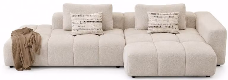 Divano ad angolo, forma a L, colore bianco, design minimalista, stile moderno, confortevole