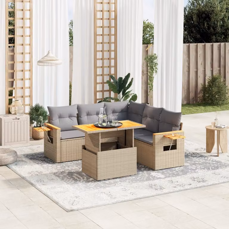 vidaXL Set Divano da Giardino 6 pz a Forma di L in Polyrattan con Cuscini Beige e Tavolino da Esterno