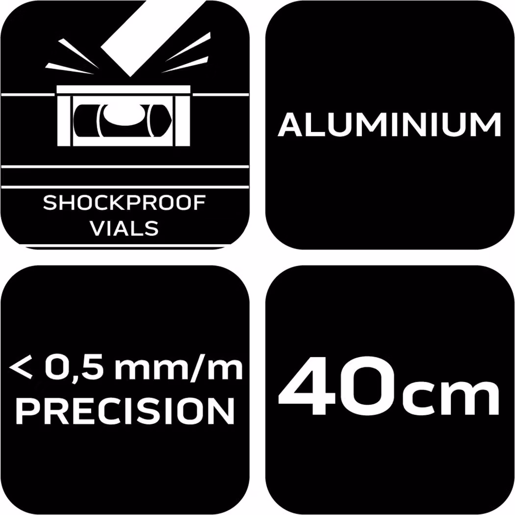 NEO TOOLS livella in alluminio, 0,5 mm/m 40, 60, 80, 100, 120, 150, 200 cm Livella a bolla con attacco antiurto - 40 cm