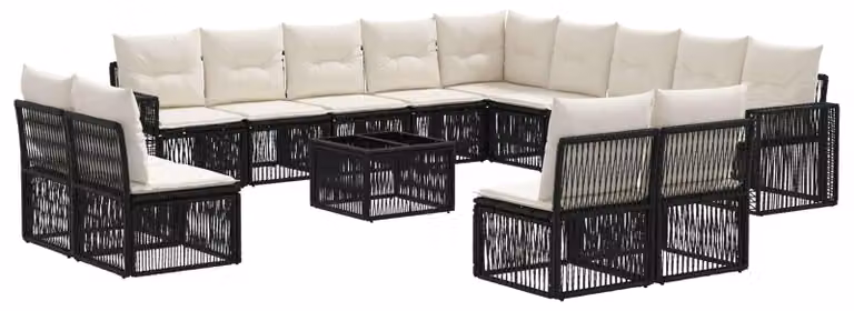 Set Divano da Giardino 14 pcs Nero e Bianco Crema polyrattan