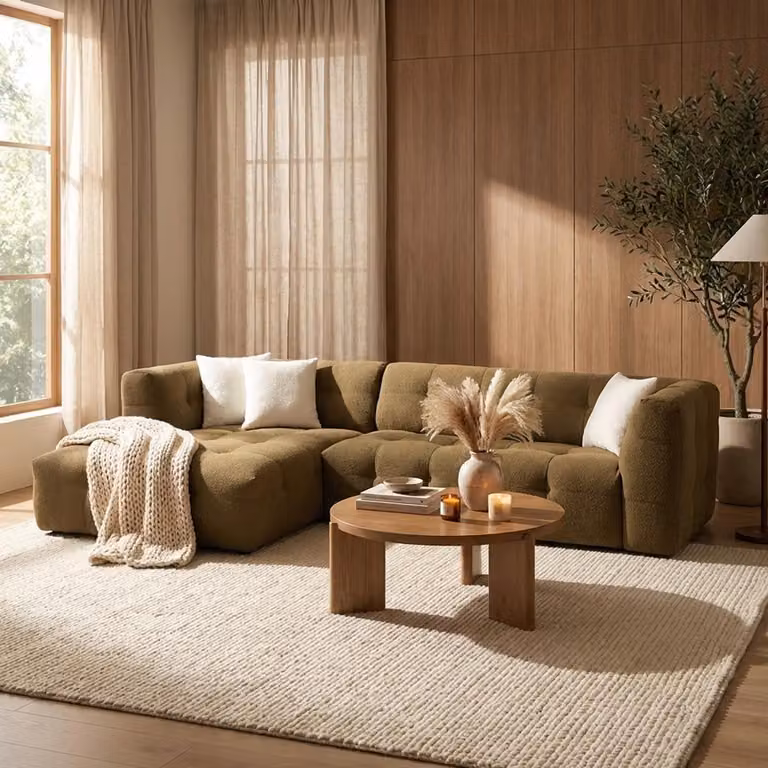 Hanah Home, divano ad angolo color kaki, 300 x 150 cm | Legno di faggio e pannello truciolare, 100% poliestere, schiuma 28 DNS per lo schienale | Cuscini fissi per seduta e schienale, facile da pulire, design moderno.