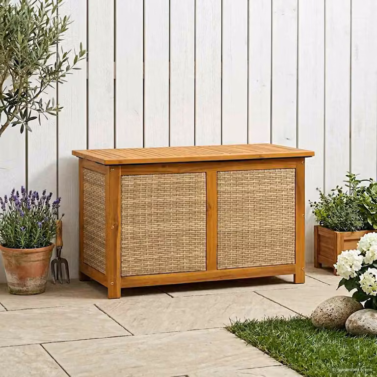 vidaXL Scatola di Stoccaggio per Giardino in Legno di Acacia e Rattan, Colore Marrone/Beige