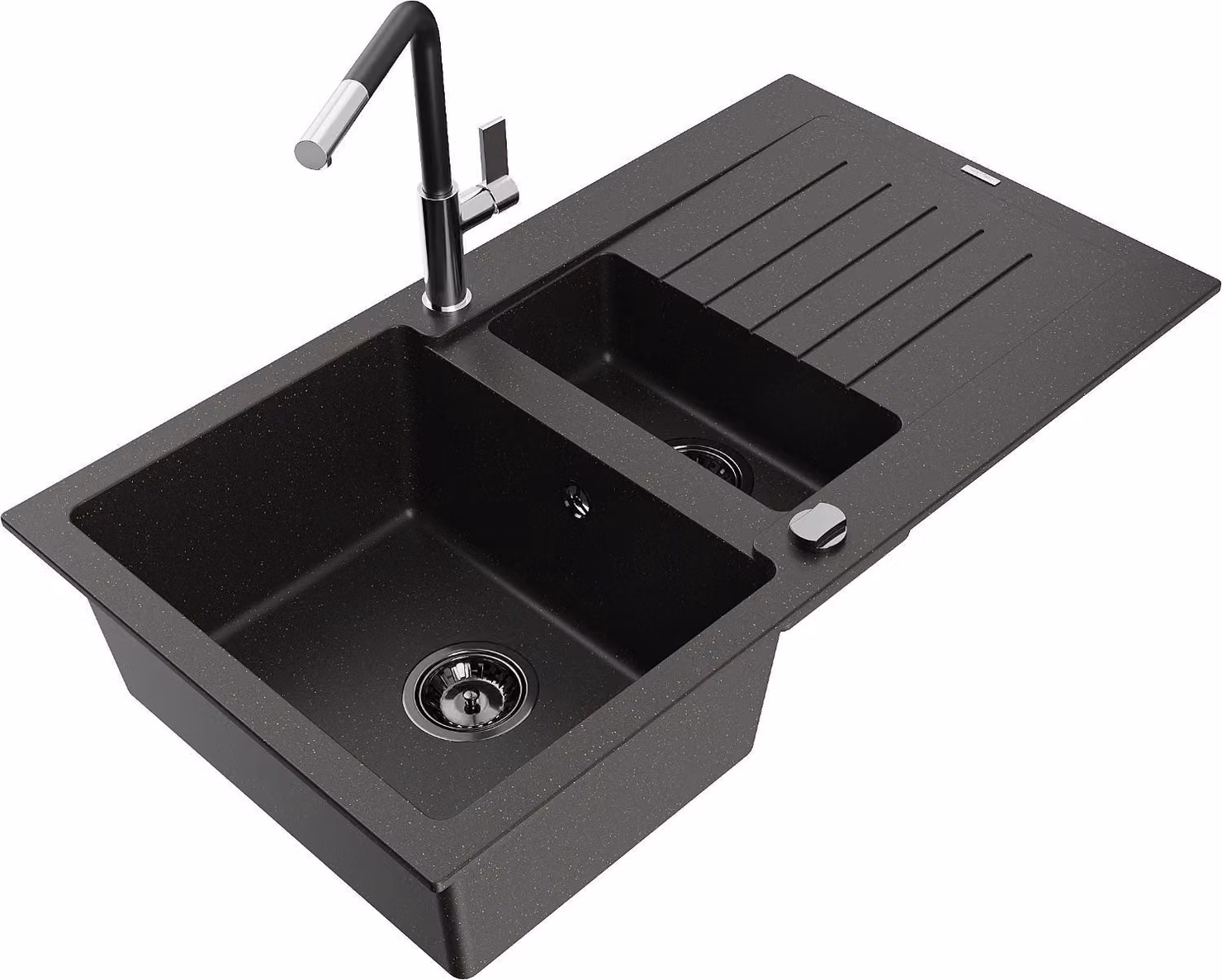 Mexen Matias lavello in granito 1,5 vasche con scolapiatti e rubinetto cucina Flora, nero/oro - 6502-75-670401-07-B
