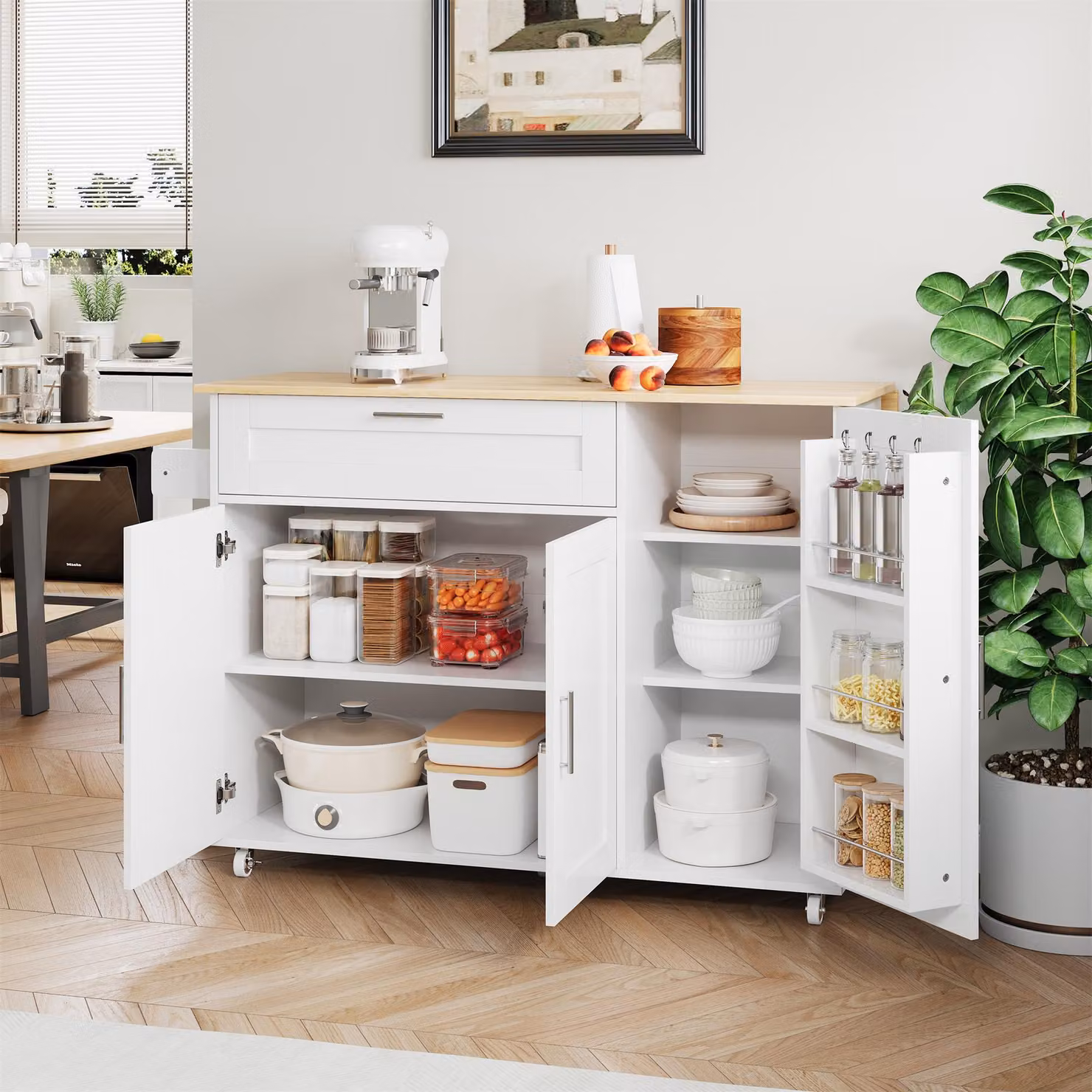 Carrello da cucina STILVORA con piano di lavoro ribaltabile, mobile da cucina a isola con cassetto, credenza con ripiano per le spezie e portasciugamani, bianco