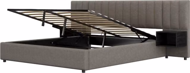 Letto imbottito 180x200 cm con contenitore idraulico, 2 comodini con spazio di archiviazione, struttura in legno, rivestimento in lino grigio e nero