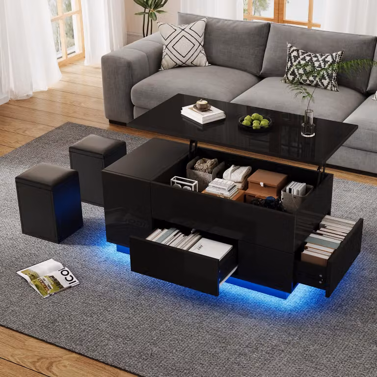 STILVORA tavolino da salotto regolabile in altezza con 2 cassetti, tavolino da divano con illuminazione a LED e 2 sgabelli, tavolino da salotto lucido con vano portaoggetti nascosto, nero