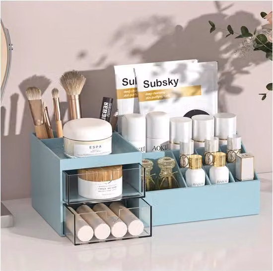 Organizzatore di trucco con ante e cassettiera in plastica blu per camera da letto o bagno