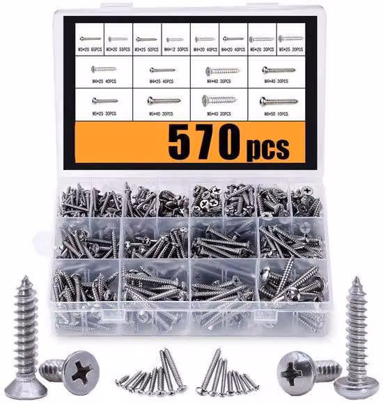 Set di viti in acciaio inossidabile M3/M4/M5/M6 (304 pezzi), set di viti per utensili in legno (570 pezzi) con testa a croce (285 pezzi a testa tonda e 285 pezzi a testa piatta)