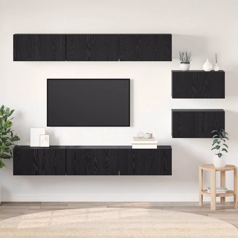 Set mobile TV moderno vidaXL da 8 pezzi in legno MDF color rovere e nero, montaggio a parete, L: 60 cm, P: 30 cm, H: 35 cm