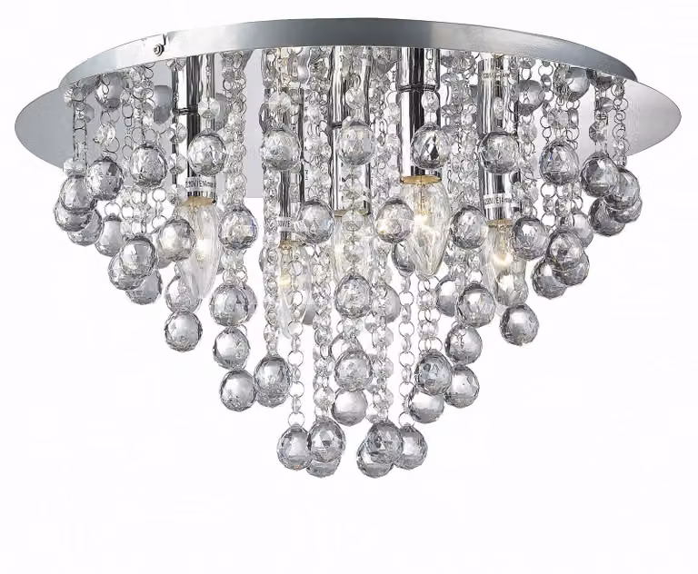 Lampada a soffitto, diametro 46 cm, finitura cromata lucida, 5 attacchi E14, potenza massima 40 W per attacco