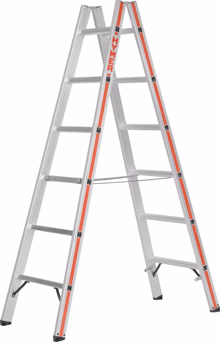 Scala a pioli Hymer, accessibile da entrambi i lati, 2x16 pioli, altezza verticale 4,45 m, altezza massima raggiungibile 5,79 m, peso 22,5 kg