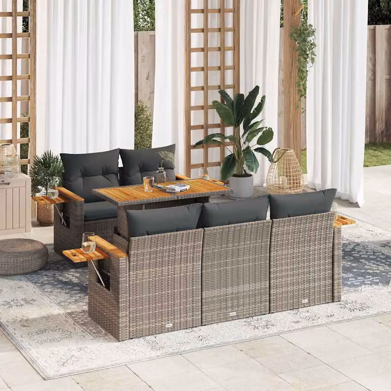 vidaXL Set Divano da Giardino a L in Polyrattan e Legno di Acacia con Cuscini, 6 Pezzi, Grigio