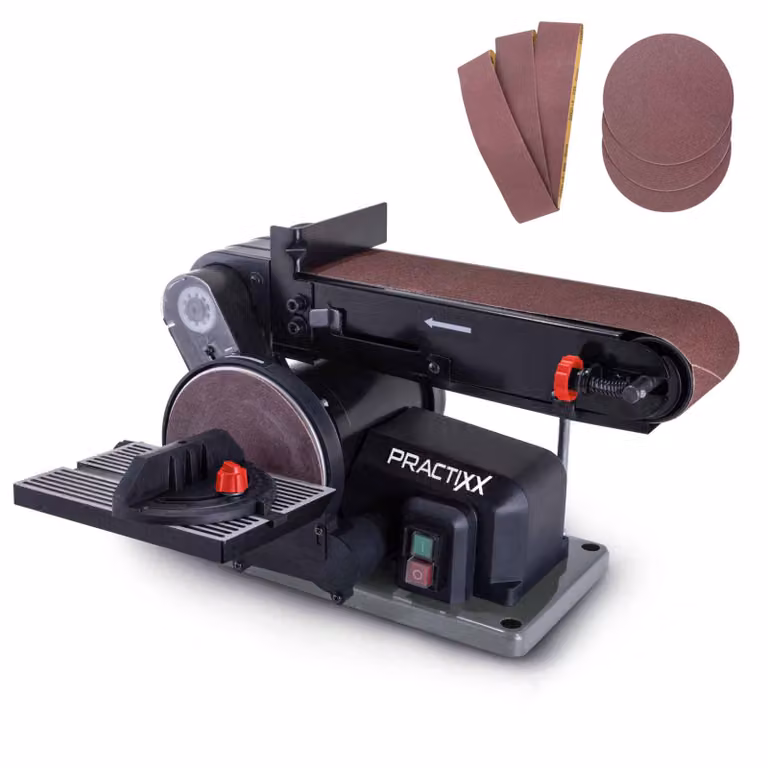 Levigatrice a nastro e a disco PX-BTS-370 Practixx - Levigatrice per legno | 370W | disco abrasivo Ø150mm | lunghezza nastro 100x915mm | set di levigatura da 6 pezzi incluso